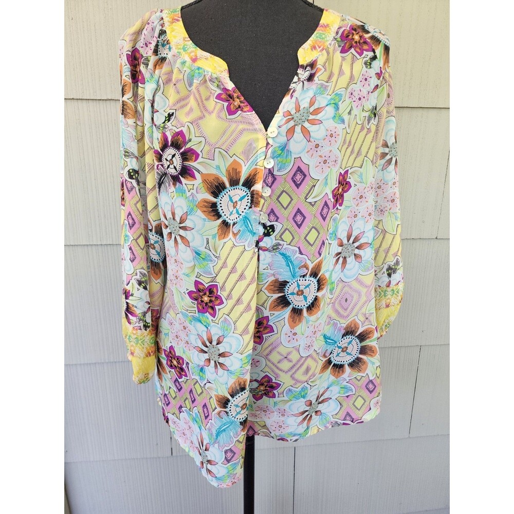 New Directions Size Medium M Multicolored Semi Sheer Yellow Floral Long Sleeve